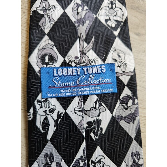 Vintage Looney Tunes Stamp Collection Black & White Tie Polyester Made In USA - Picture 3 of 4